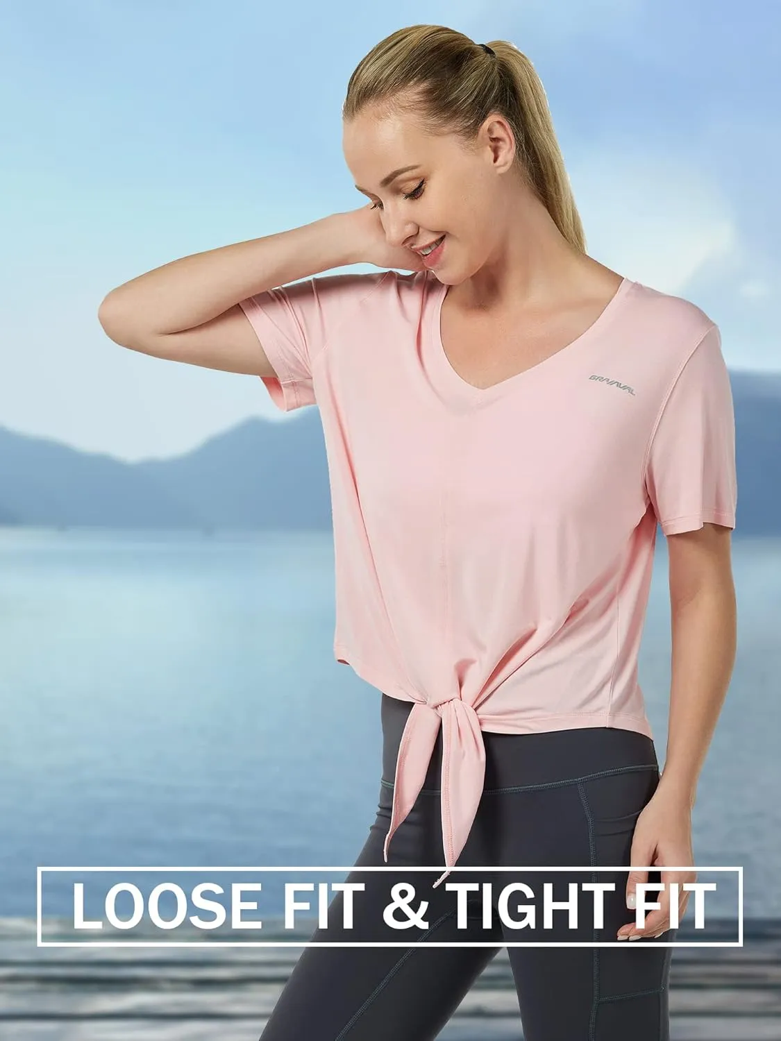 Tie Front Womens T Shirts, Short Sleeves V Neck Tee Tops Athletic Workout Gym Yoga Sweatshirts