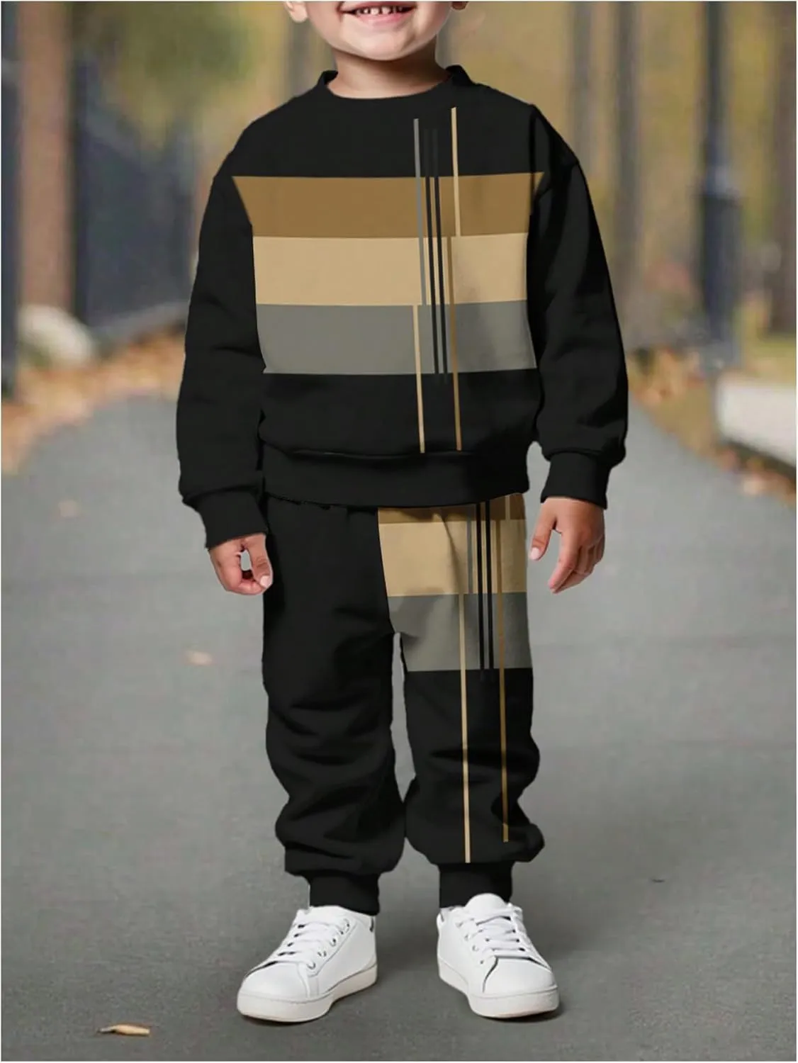 Toddler Boy's 2 Piece Outfits Striped Color Block Crewneck Sweatshirts and Joggers Pants Set