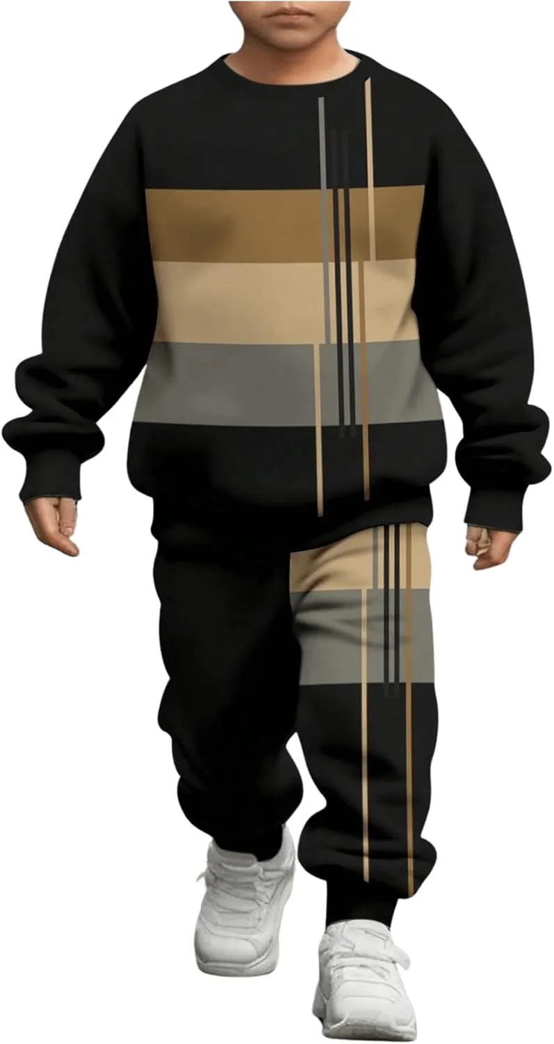 Toddler Boy's 2 Piece Outfits Striped Color Block Crewneck Sweatshirts and Joggers Pants Set