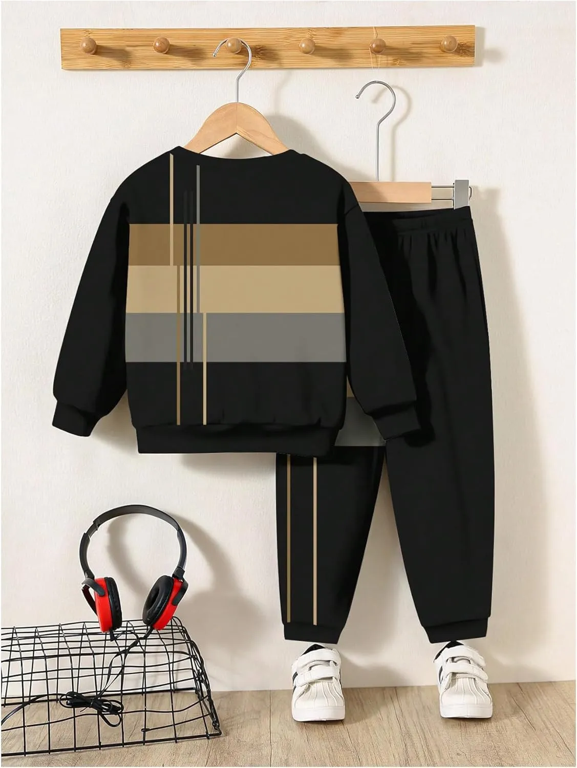 Toddler Boy's 2 Piece Outfits Striped Color Block Crewneck Sweatshirts and Joggers Pants Set