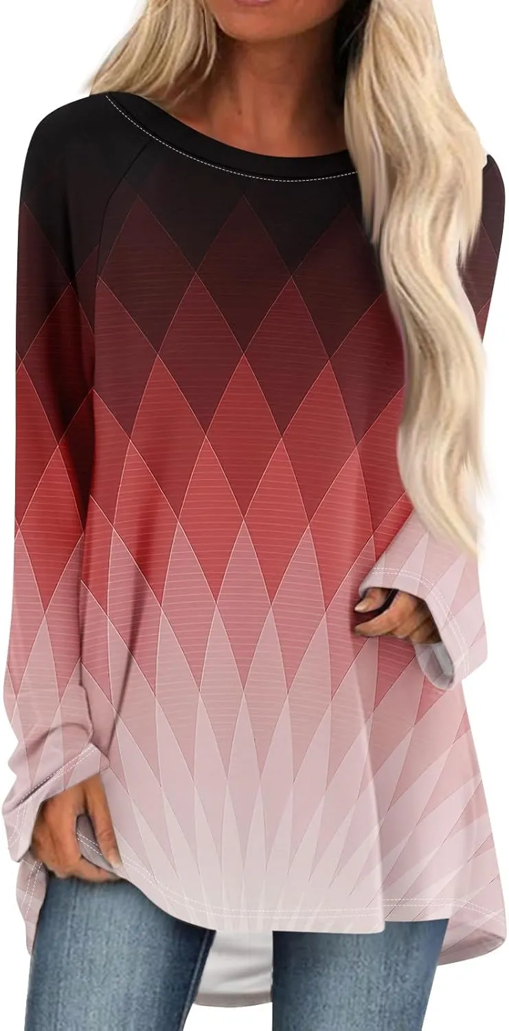 Tops For Women Trendy Print Crewneck Long Sleeve Shirts Plus Size Tunics Or Tops To Wear With Leggings