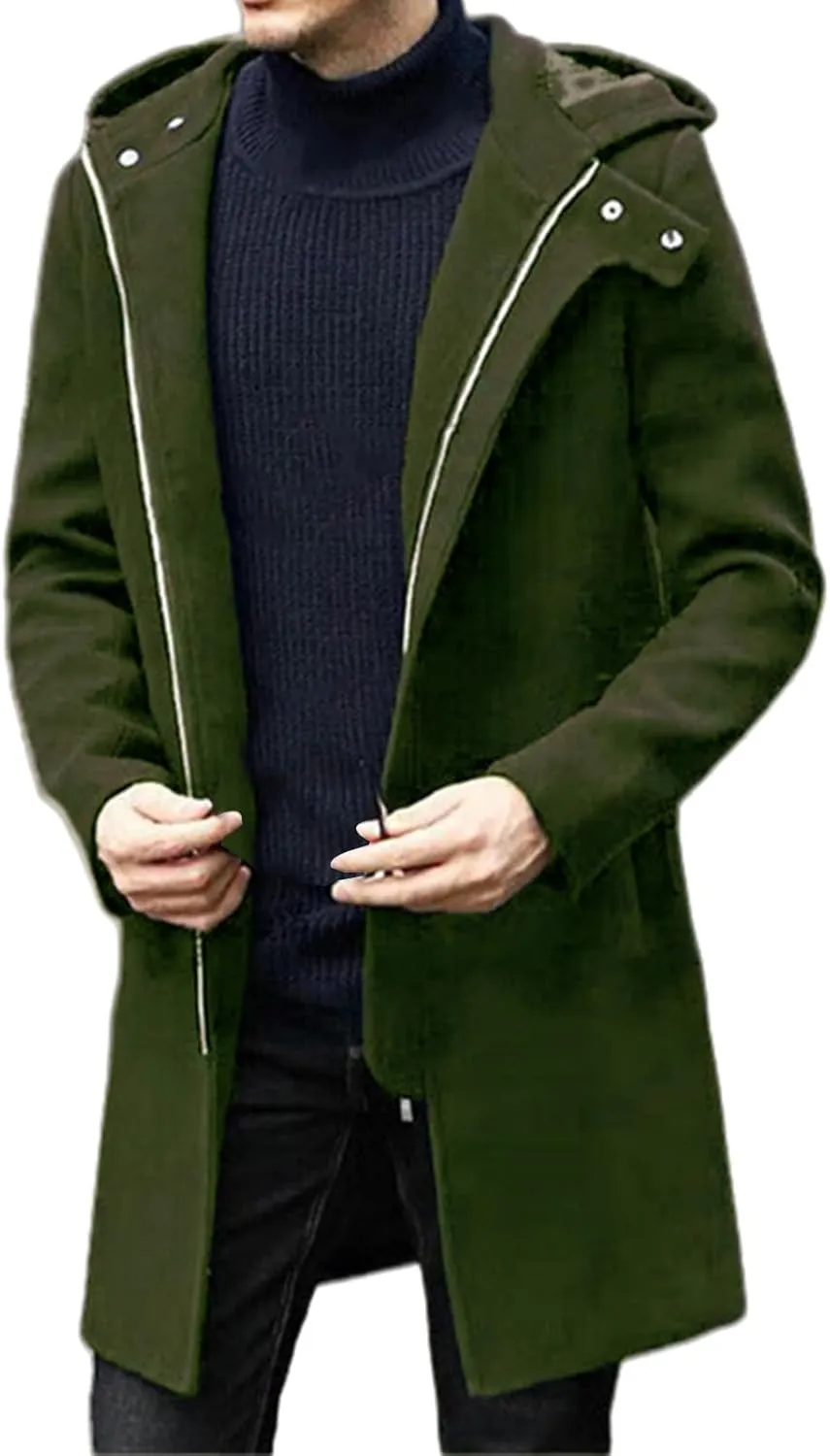 Trench Coat Men Casual Lapel Collar Business Winter Long Overcoats Zipper Hooded Pea Coats Slim Fit Thermal Long Coat