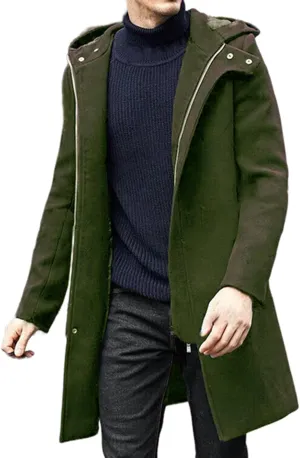 Trench Coat Men Casual Lapel Collar Business Winter Long Overcoats Zipper Hooded Pea Coats Slim Fit Thermal Long Coat