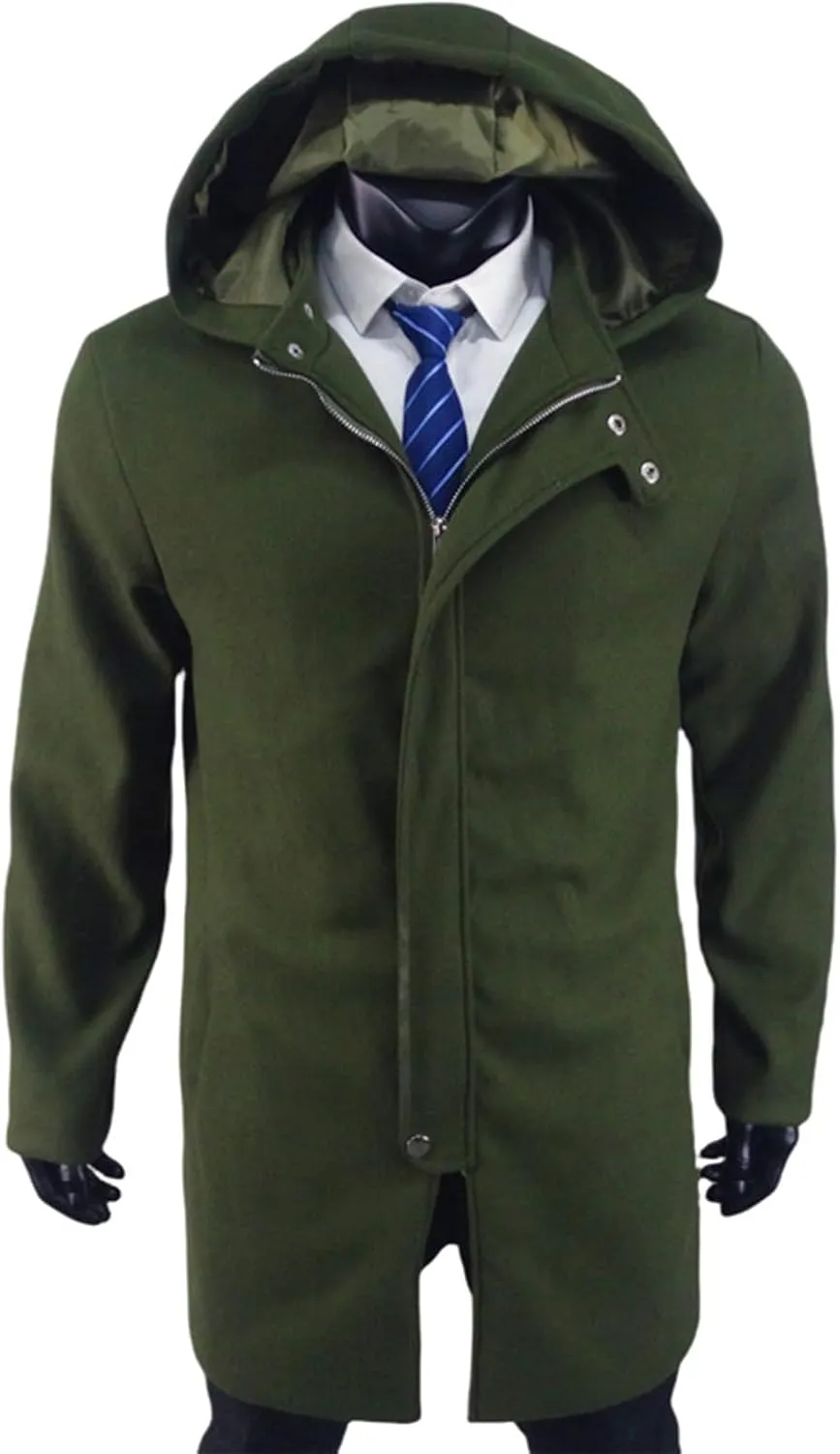 Trench Coat Men Casual Lapel Collar Business Winter Long Overcoats Zipper Hooded Pea Coats Slim Fit Thermal Long Coat