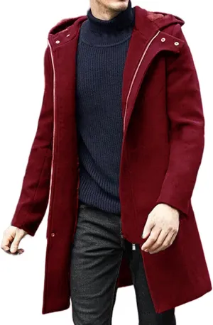 Trench Coat Men Casual Lapel Collar Business Winter Long Overcoats Zipper Hooded Pea Coats Slim Fit Thermal Long Coat