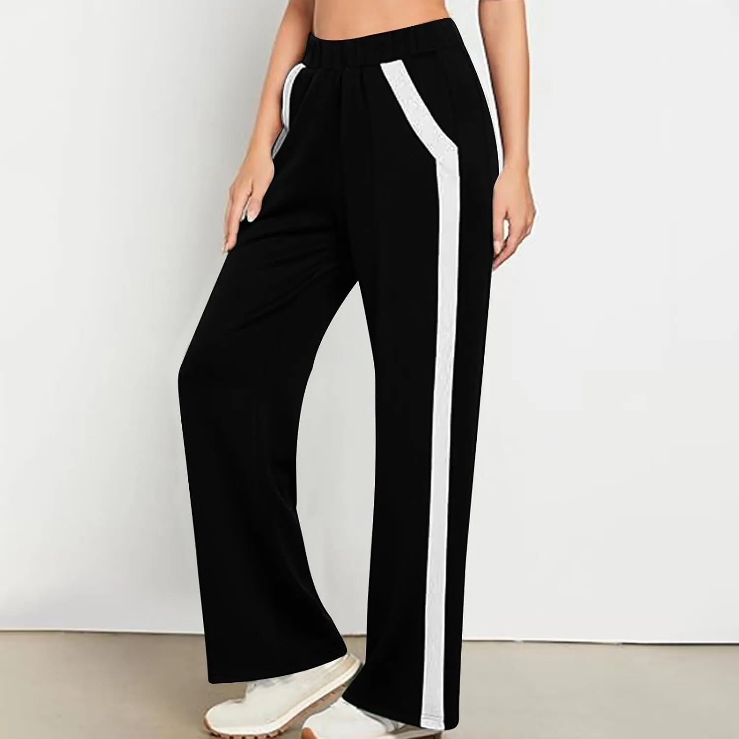 Trendy Sweatpants for Women 2024 Colorblock High Waisted Wide Leg Sweatpants Baggy Casual Elastic Waist Fall Pants