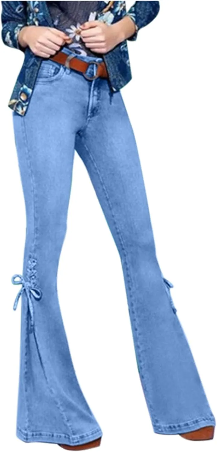 Uillui Flare Jeans for Women High Waisted Lace-up Bell Bottom Stretch Denim Jeans Bootcut Slim Retro Wide Leg Denim Pants