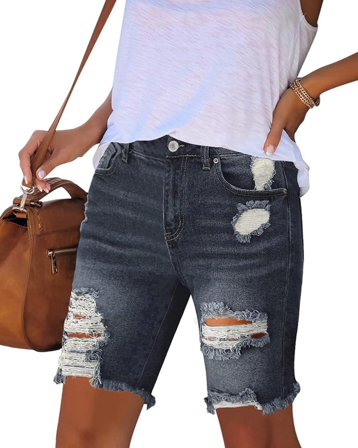 Utyful Women Summer Frayed Ripped Bermuda Shorts Distressed Denim Jeans Short