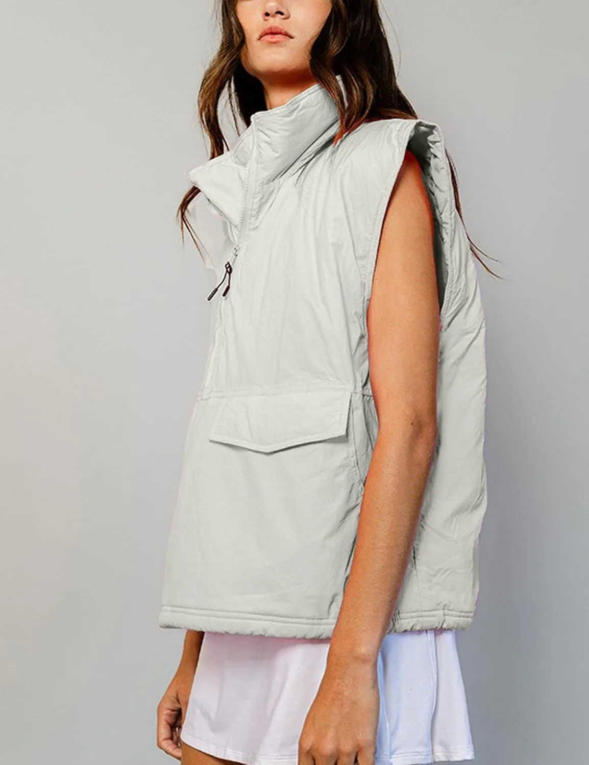 VAOYIU Womens Quilted Puffer Vest Stand Collar Half Zip Sleeveless Padded Jacket Hoodie Pullover Coat with Pockets