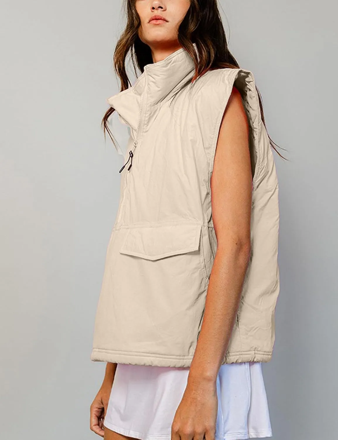VAOYIU Womens Quilted Puffer Vest Stand Collar Half Zip Sleeveless Padded Jacket Hoodie Pullover Coat with Pockets
