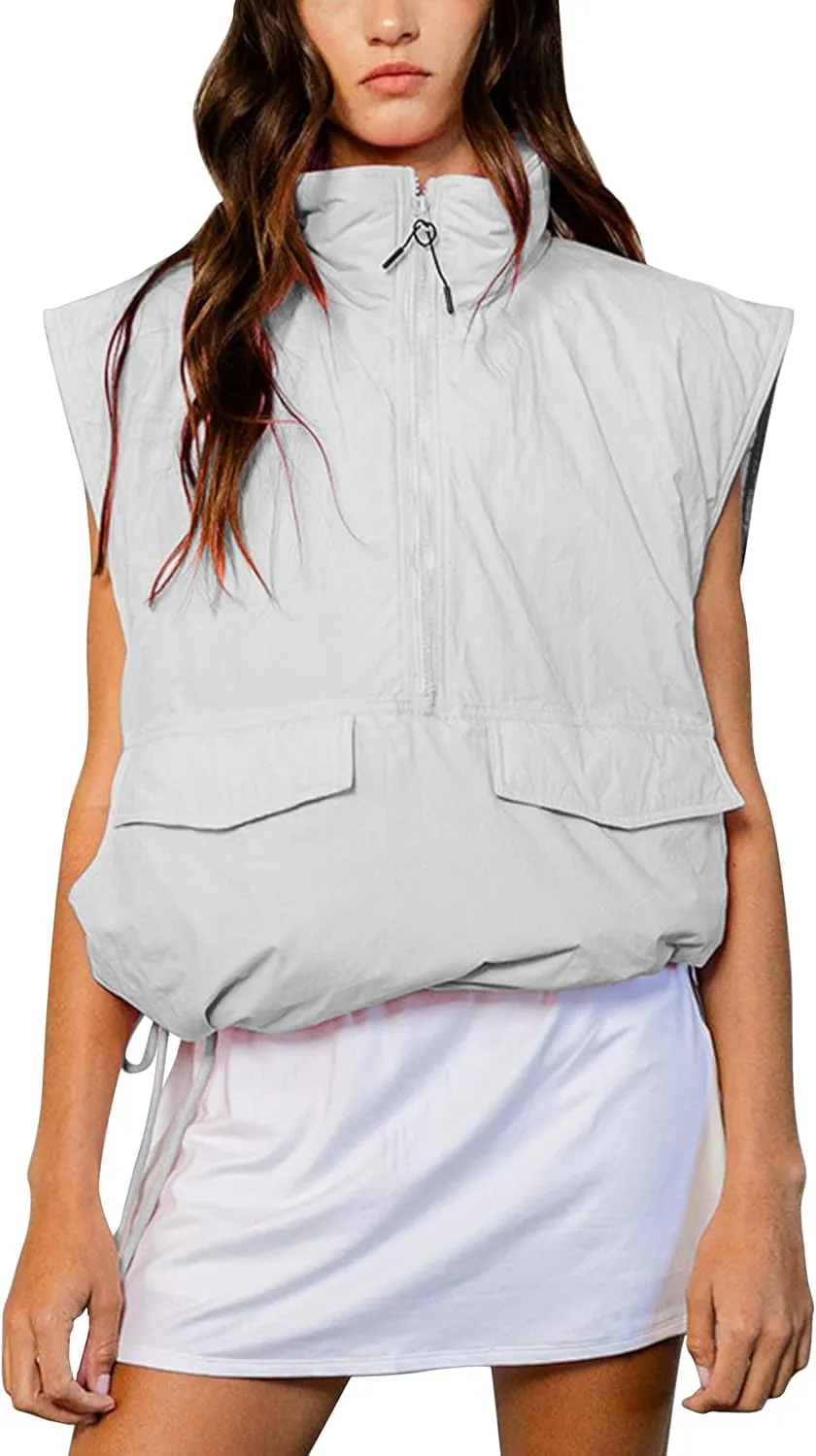 VAOYIU Womens Quilted Puffer Vest Stand Collar Half Zip Sleeveless Padded Jacket Hoodie Pullover Coat with Pockets
