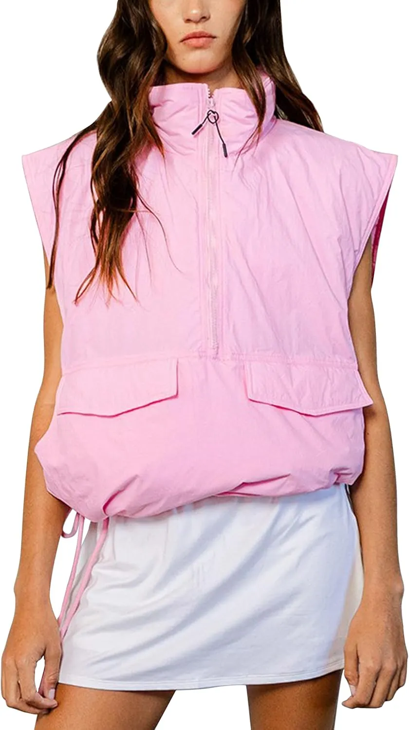 VAOYIU Womens Quilted Puffer Vest Stand Collar Half Zip Sleeveless Padded Jacket Hoodie Pullover Coat with Pockets