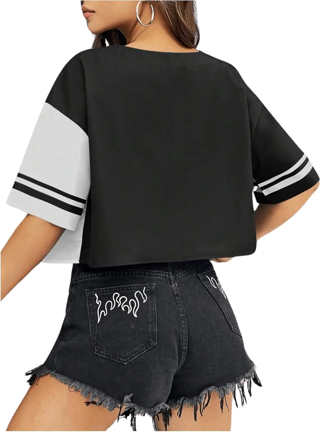 Verdusa Women's Letter Print Colorblock Drop Shoulder Crop Button Up Shirt Casual Crop Blouse