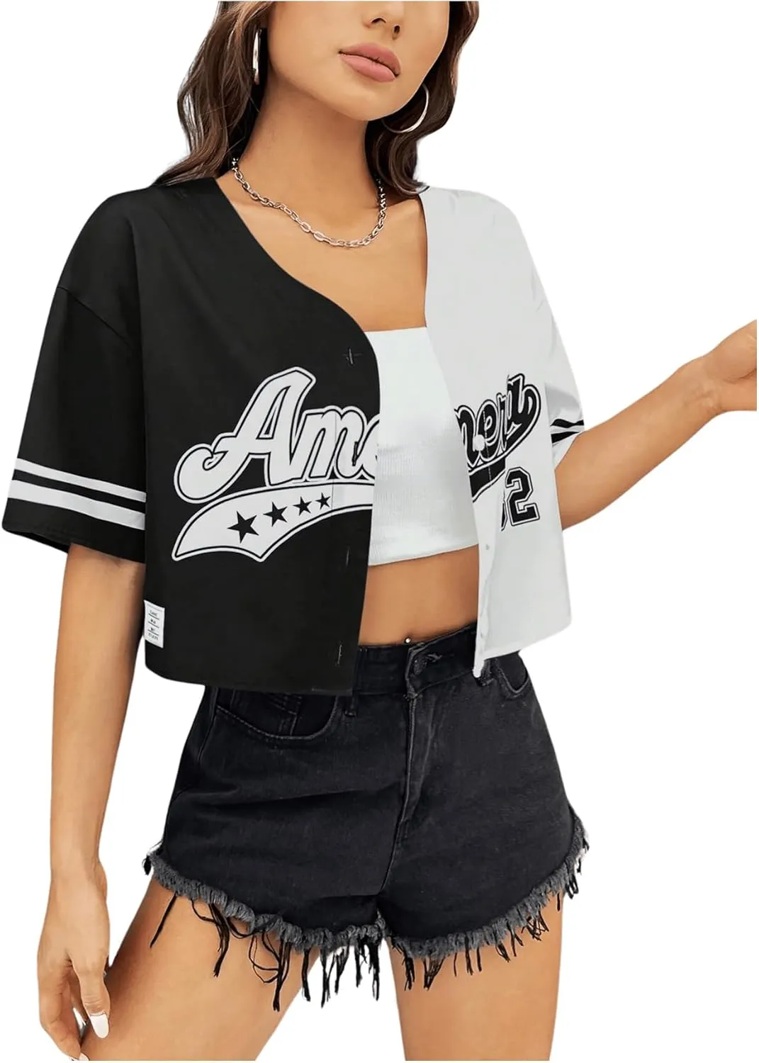 Verdusa Women's Letter Print Colorblock Drop Shoulder Crop Button Up Shirt Casual Crop Blouse
