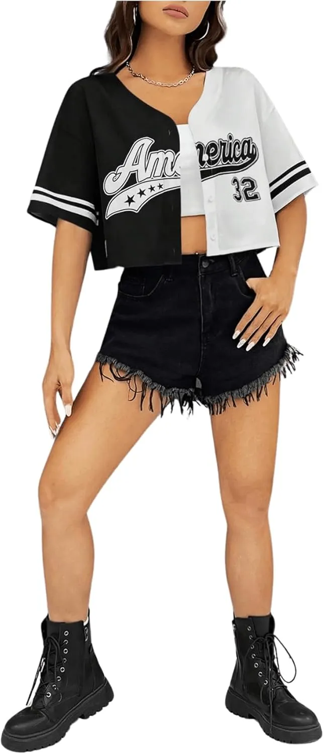 Verdusa Women's Letter Print Colorblock Drop Shoulder Crop Button Up Shirt Casual Crop Blouse