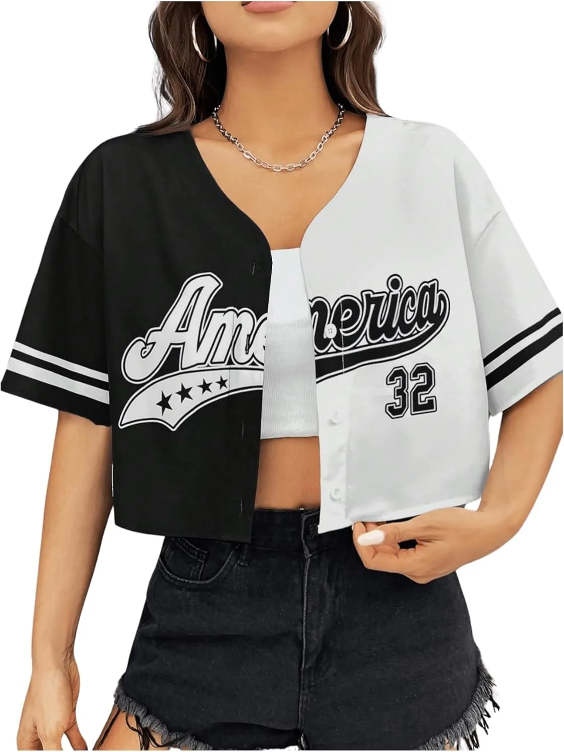 Verdusa Women's Letter Print Colorblock Drop Shoulder Crop Button Up Shirt Casual Crop Blouse