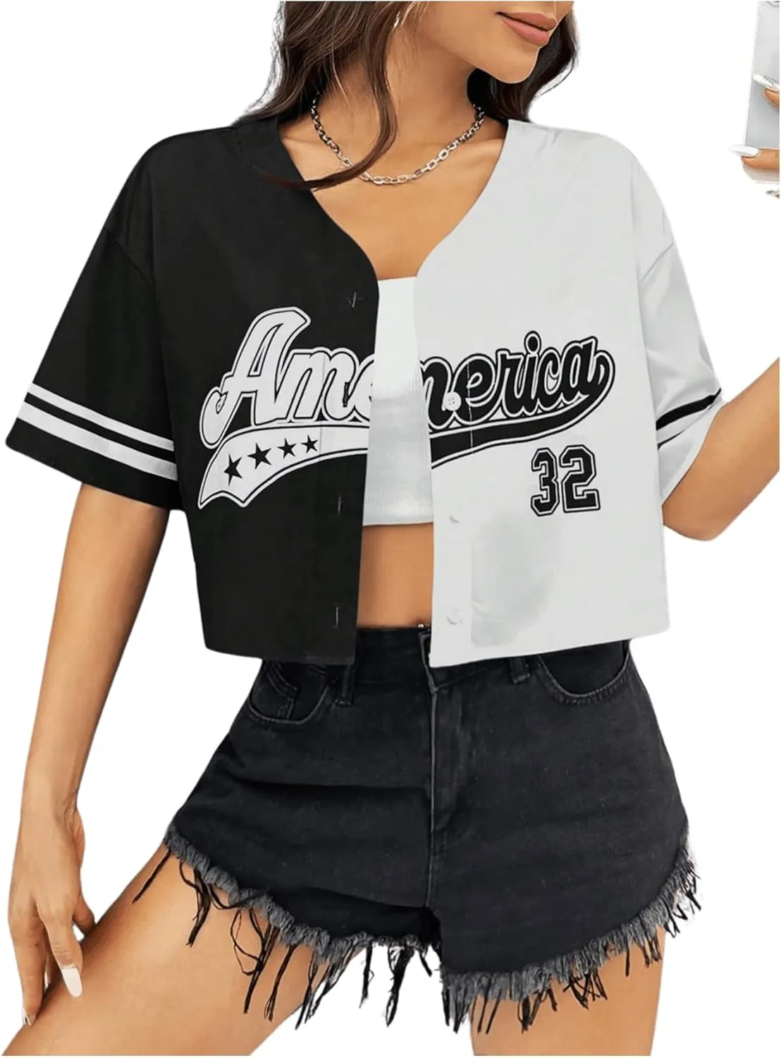 Verdusa Women's Letter Print Colorblock Drop Shoulder Crop Button Up Shirt Casual Crop Blouse