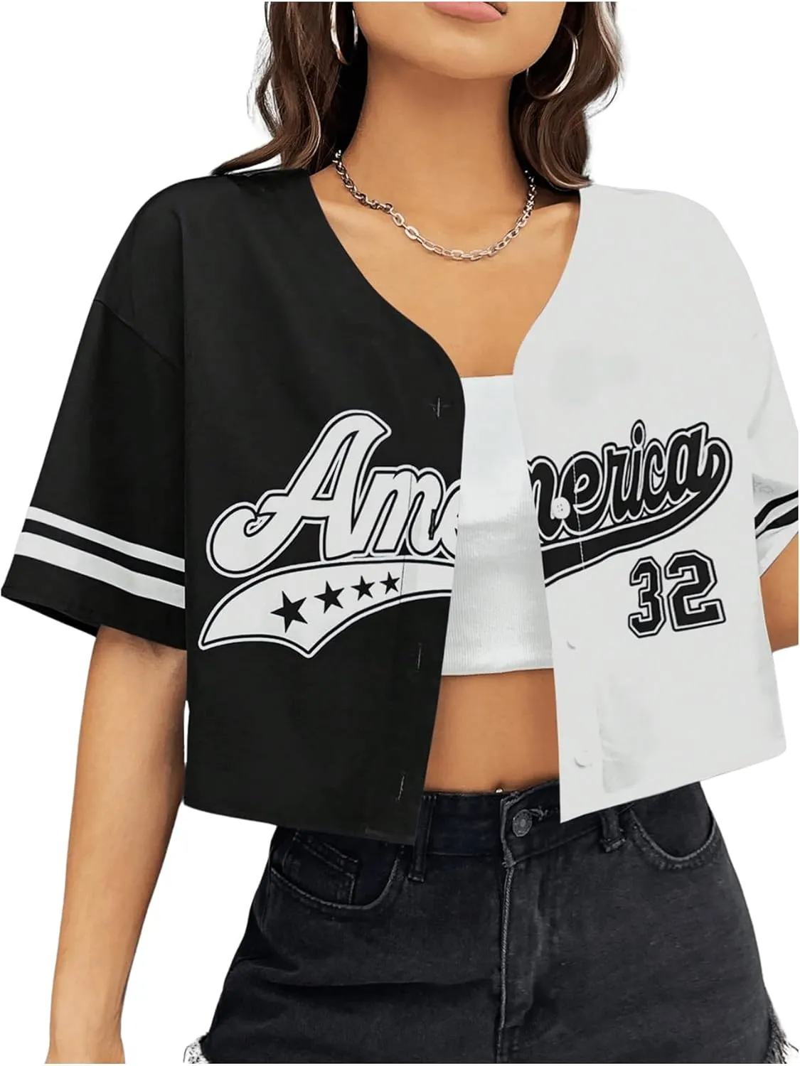 Verdusa Women's Letter Print Colorblock Drop Shoulder Crop Button Up Shirt Casual Crop Blouse
