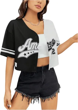 Verdusa Women's Letter Print Colorblock Drop Shoulder Crop Button Up Shirt Casual Crop Blouse