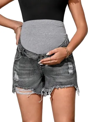 Verdusa Women's Maternity Denim Shorts High Waist Ripped Raw Hem Pregnancy Jeans Short