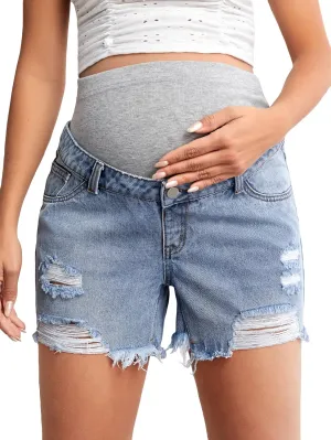 Verdusa Women's Maternity Denim Shorts High Waist Ripped Raw Hem Pregnancy Jeans Short