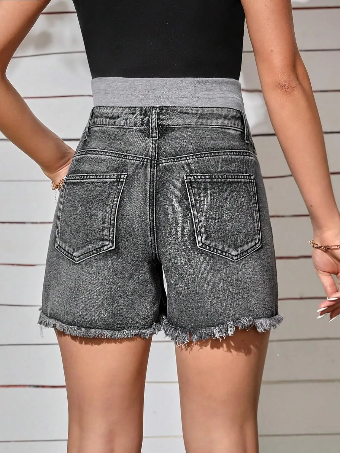 Verdusa Women's Maternity Denim Shorts High Waist Ripped Raw Hem Pregnancy Jeans Short