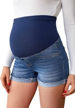 Verdusa Women's Maternity Denim Shorts High Waist Ripped Raw Hem Pregnancy Jeans Short