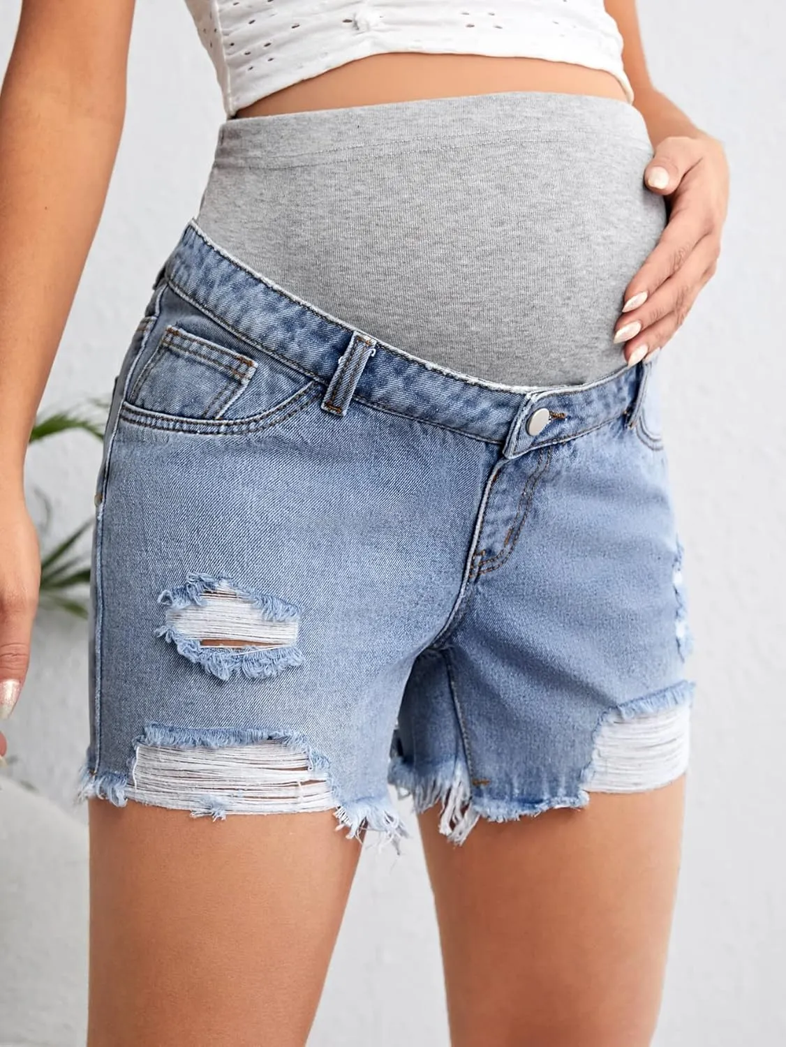 Verdusa Women's Maternity Denim Shorts High Waist Ripped Raw Hem Pregnancy Jeans Short
