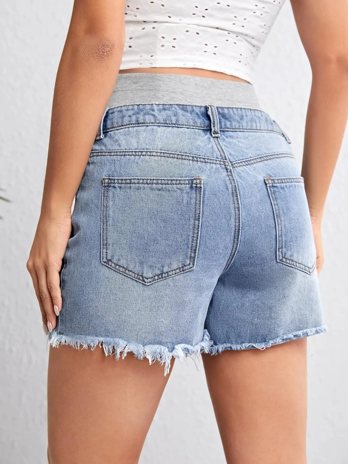 Verdusa Women's Maternity Denim Shorts High Waist Ripped Raw Hem Pregnancy Jeans Short