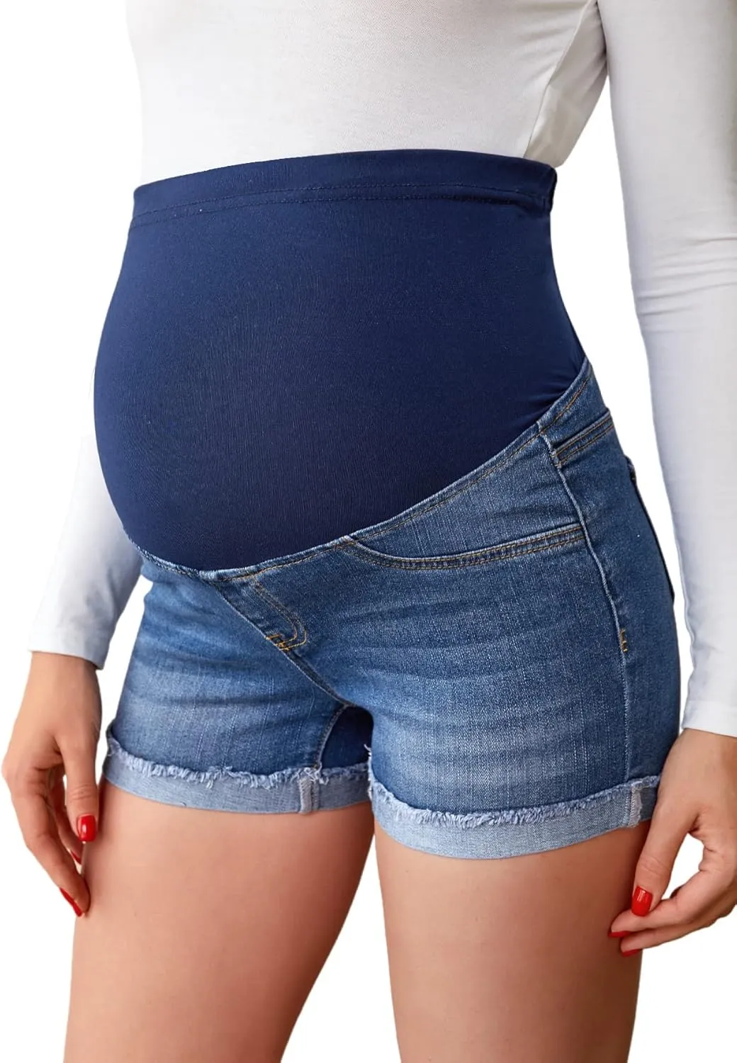 Verdusa Women's Maternity Denim Shorts High Waist Ripped Raw Hem Pregnancy Jeans Short