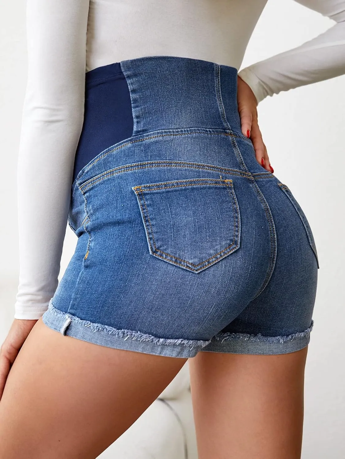 Verdusa Women's Maternity Denim Shorts High Waist Ripped Raw Hem Pregnancy Jeans Short
