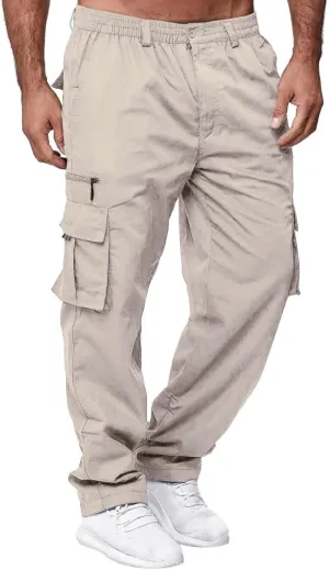 Vickyleb Mens Cargo Pants Elastic Waist Loose Fit Cotton Casual Lightweight Workwear Joggers Pants with Multi-Pockets