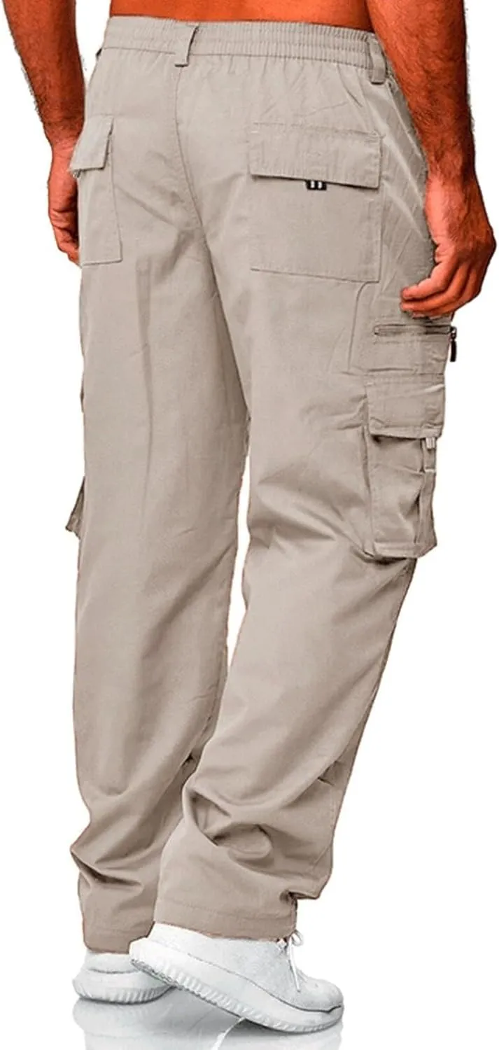Vickyleb Mens Cargo Pants Elastic Waist Loose Fit Cotton Casual Lightweight Workwear Joggers Pants with Multi-Pockets