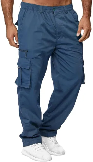 Vickyleb Mens Cargo Pants Elastic Waist Loose Fit Cotton Casual Lightweight Workwear Joggers Pants with Multi-Pockets