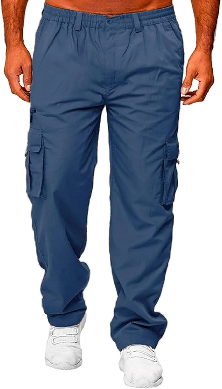 Vickyleb Mens Cargo Pants Elastic Waist Loose Fit Cotton Casual Lightweight Workwear Joggers Pants with Multi-Pockets