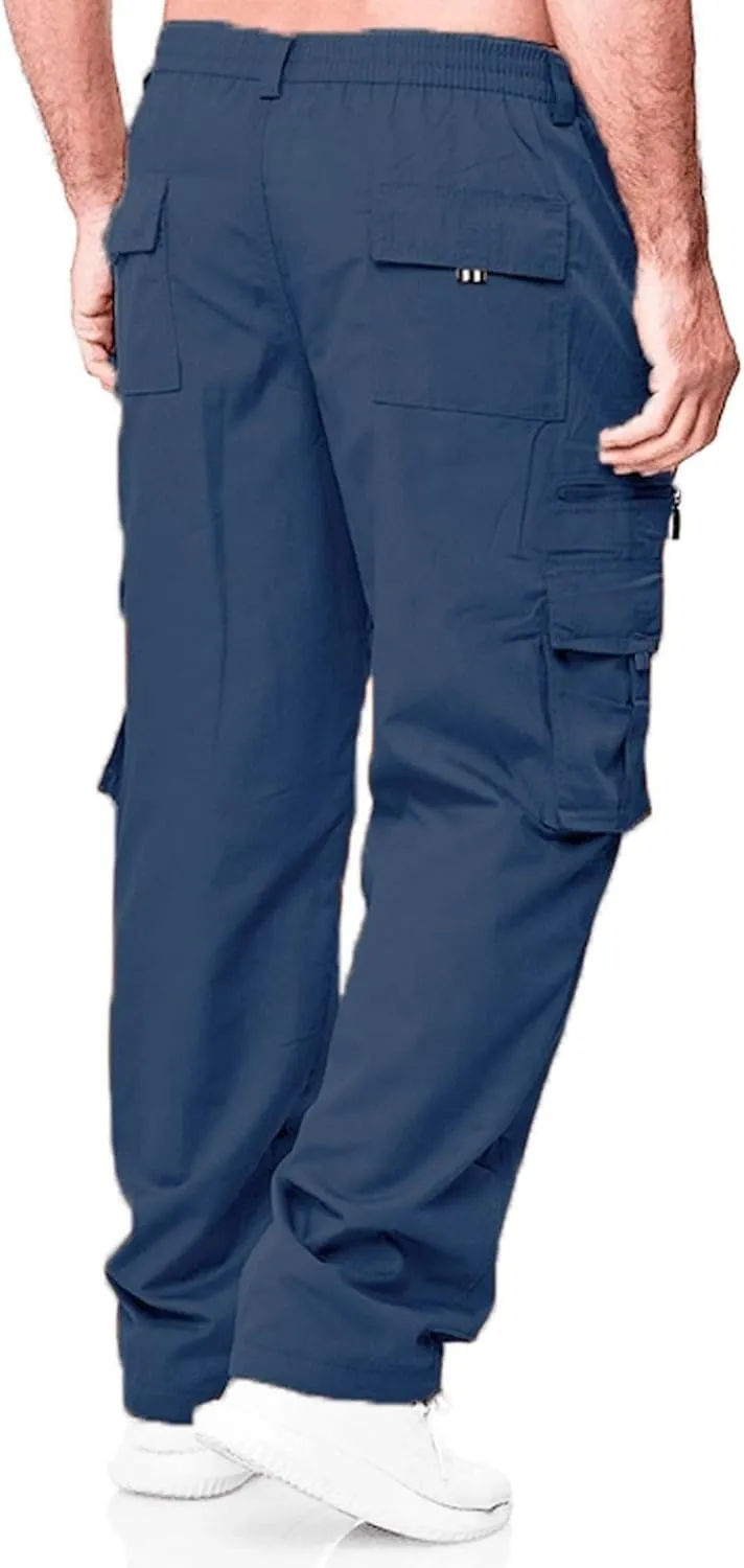 Vickyleb Mens Cargo Pants Elastic Waist Loose Fit Cotton Casual Lightweight Workwear Joggers Pants with Multi-Pockets