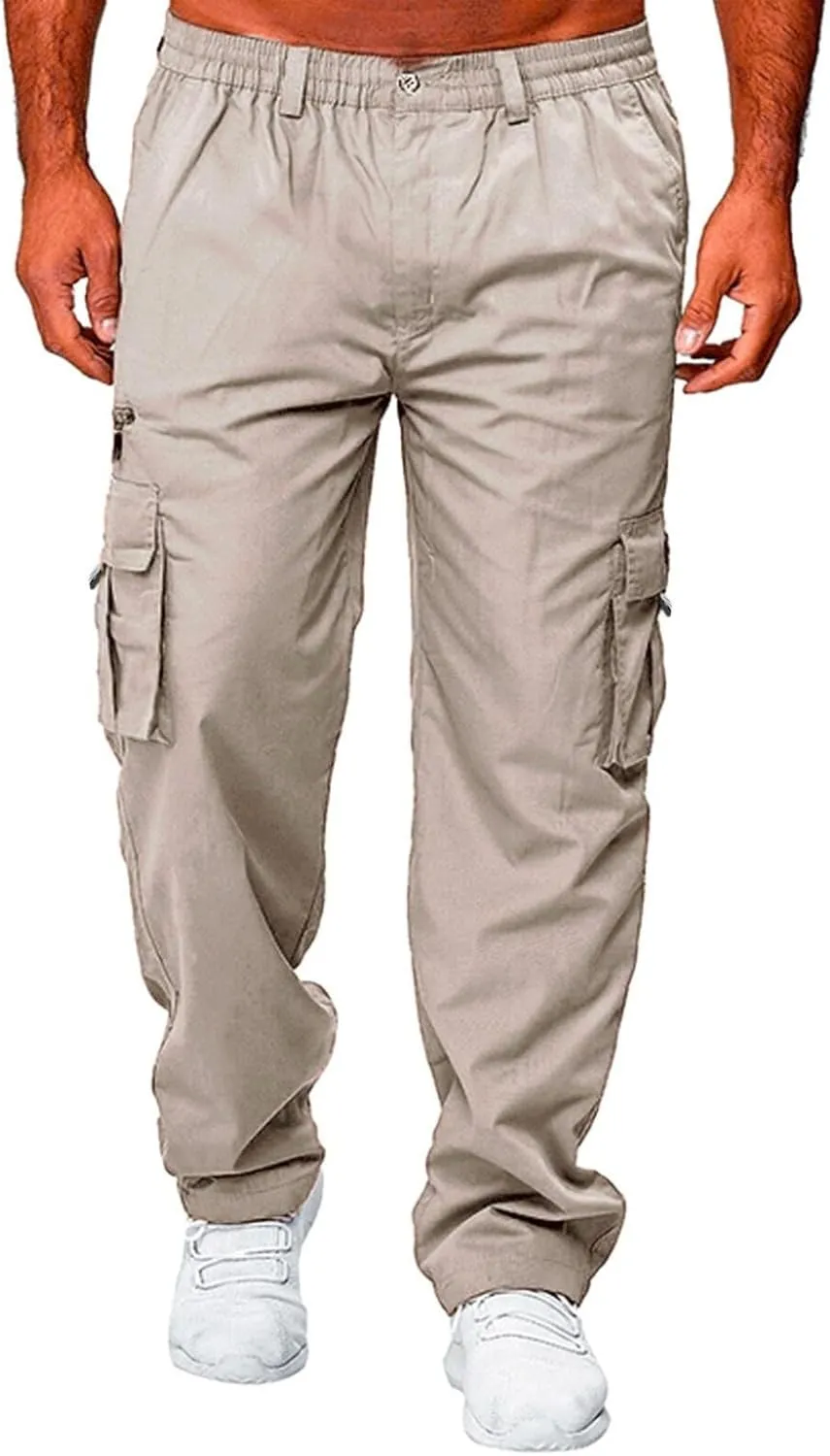 Vickyleb Mens Cargo Pants Elastic Waist Loose Fit Cotton Casual Lightweight Workwear Joggers Pants with Multi-Pockets
