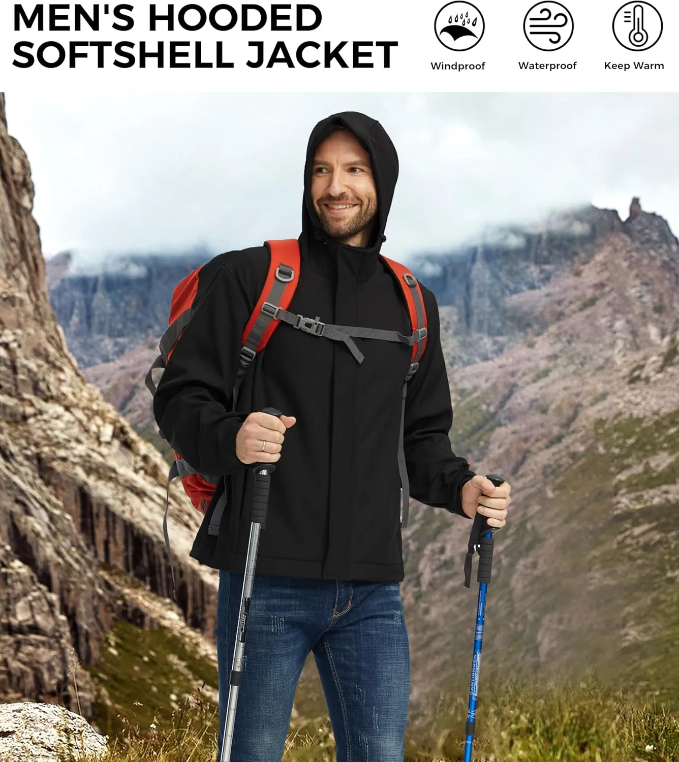 wantdo Men's Lightweight Softshell Jackets Warm Fleece Lined Jacket Waterproof Hood Jackets