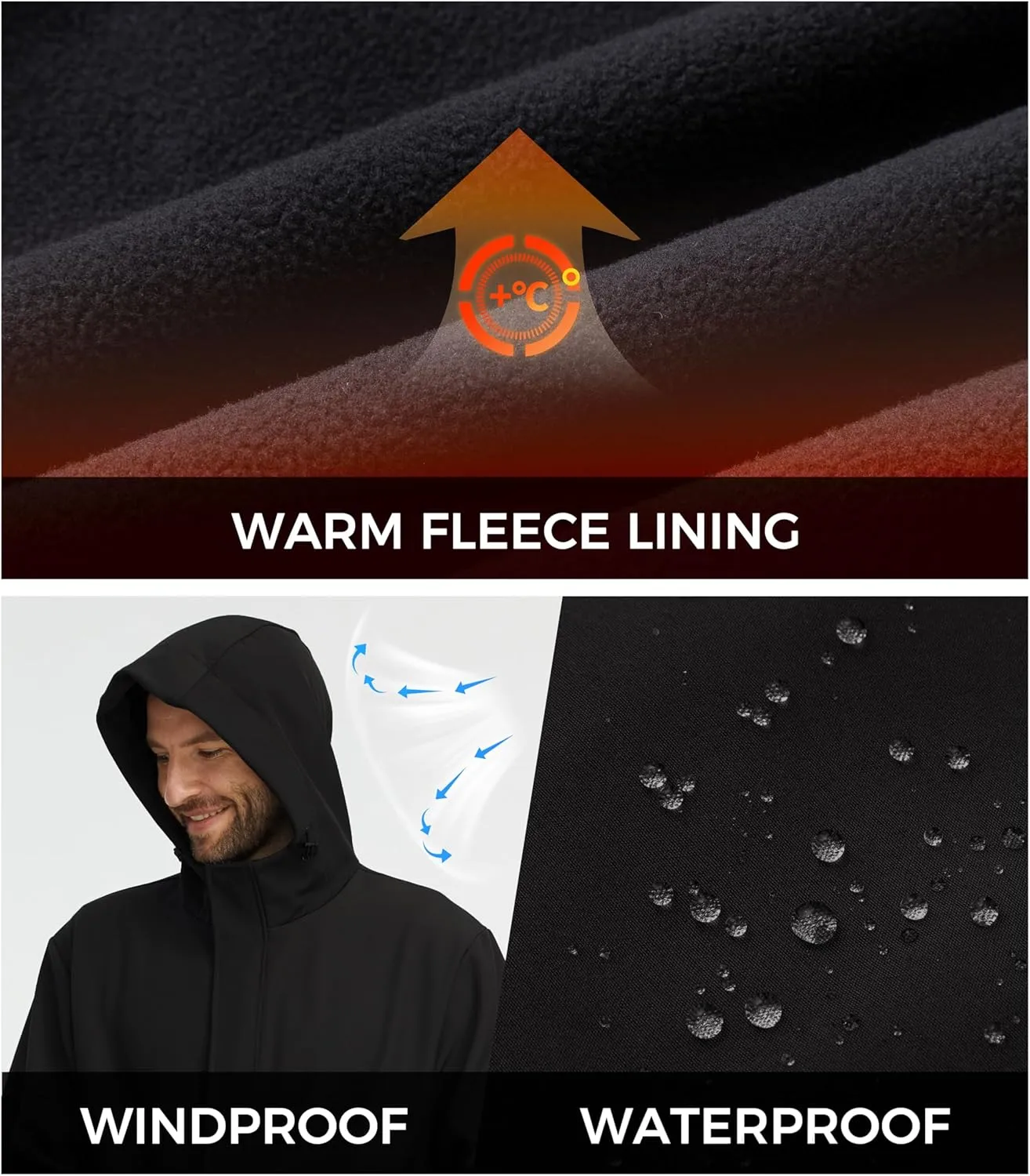 wantdo Men's Lightweight Softshell Jackets Warm Fleece Lined Jacket Waterproof Hood Jackets
