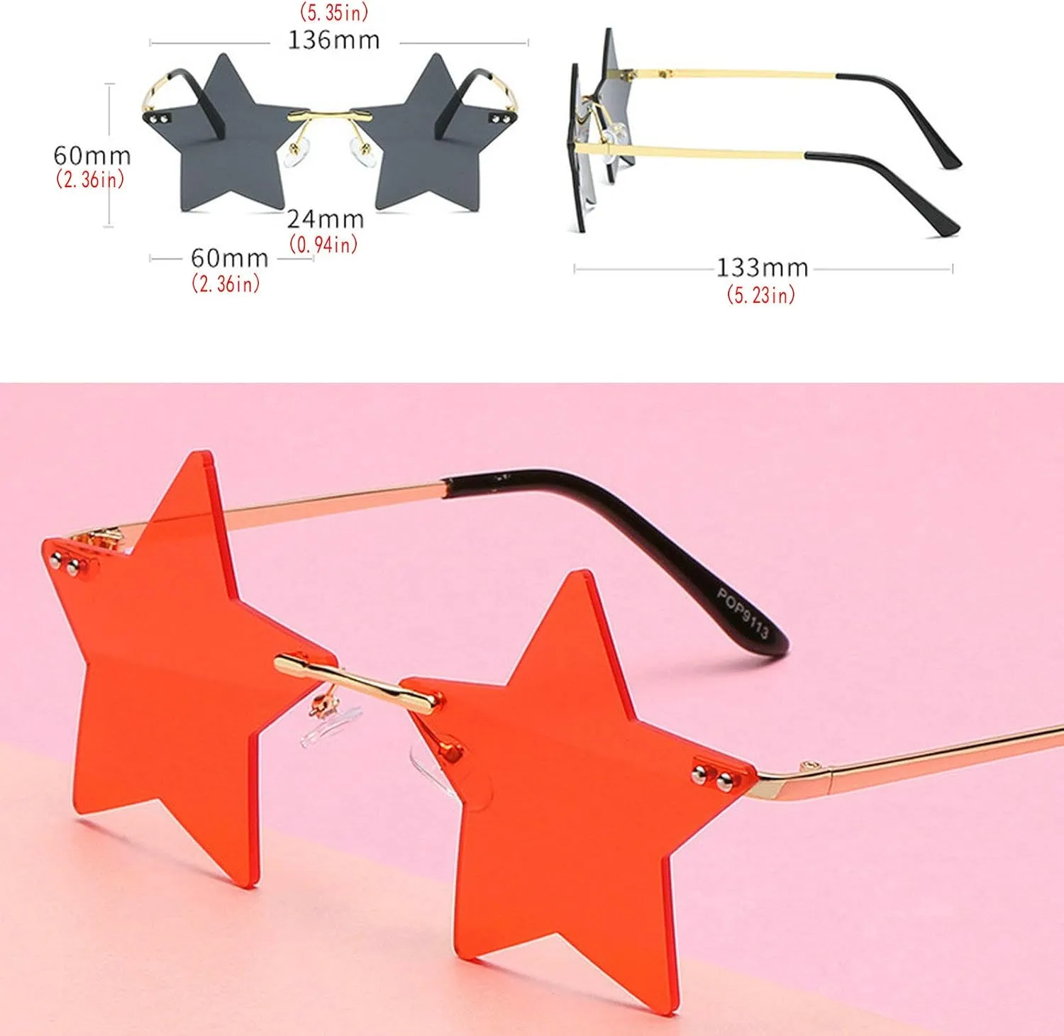 willochra Rimless Star shape Sunglasses Transparent Sun Glasses for women/men Party glasses Super Cute pentagram eyewears