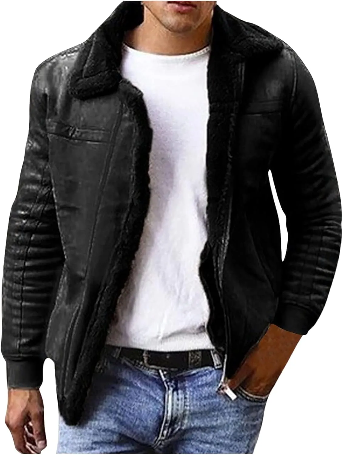 Winter Coats for Men Shearling Leather Bomber Coat Faux Leather Sherpa Fleece Lined Jacket Heavyweight Suede Jackets