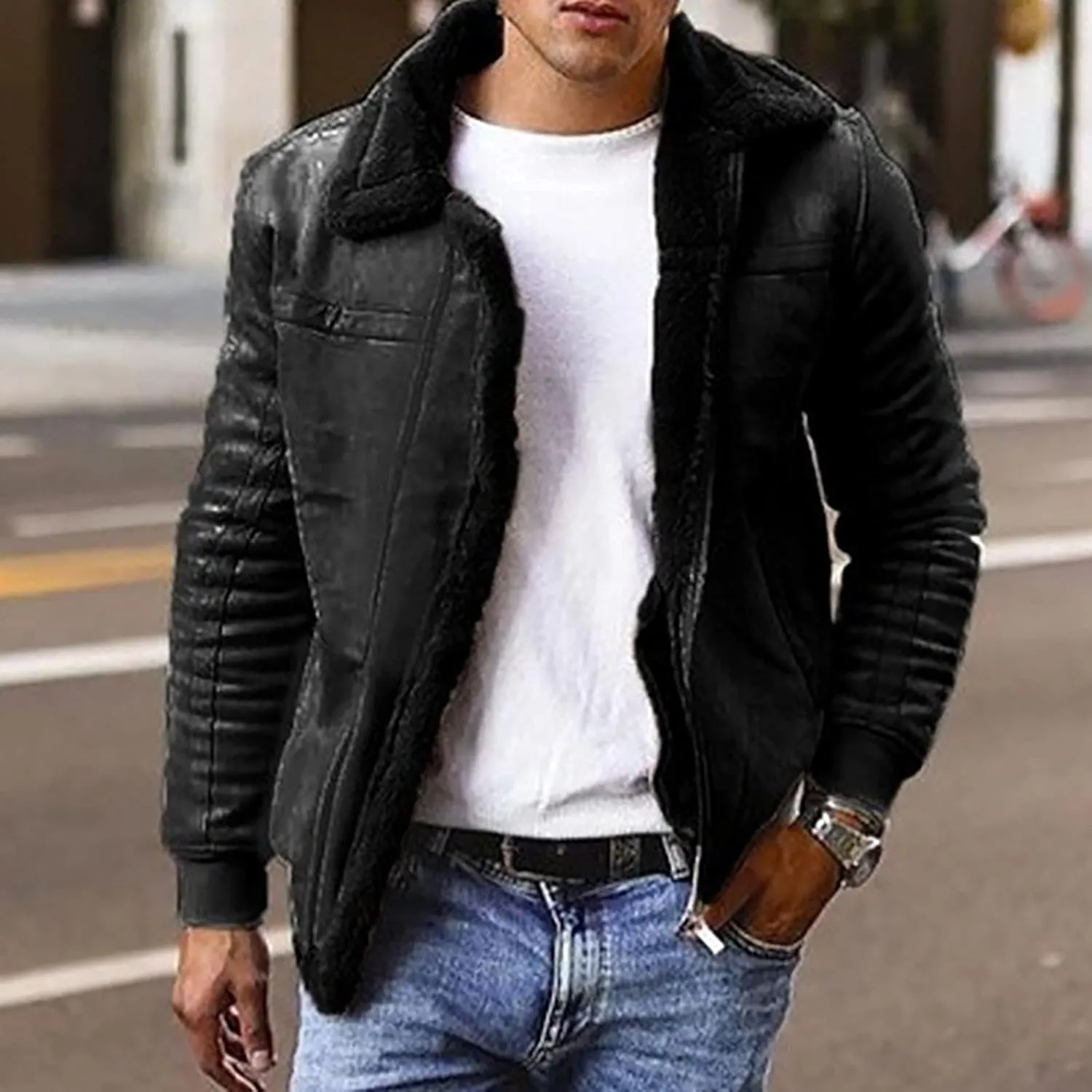 Winter Coats for Men Shearling Leather Bomber Coat Faux Leather Sherpa Fleece Lined Jacket Heavyweight Suede Jackets