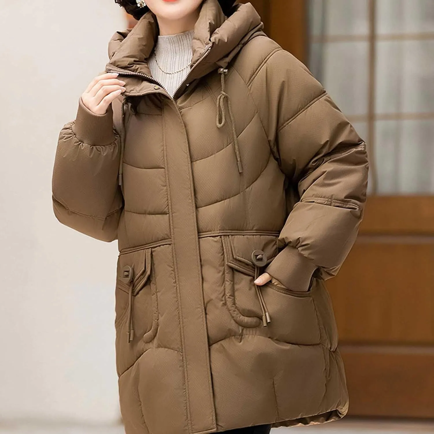 Winter Full Zip Parka Down Jacket for Ladies Solid Color Warm Puffer Jackets Long Sleeve Detachable Hood Casual Coat