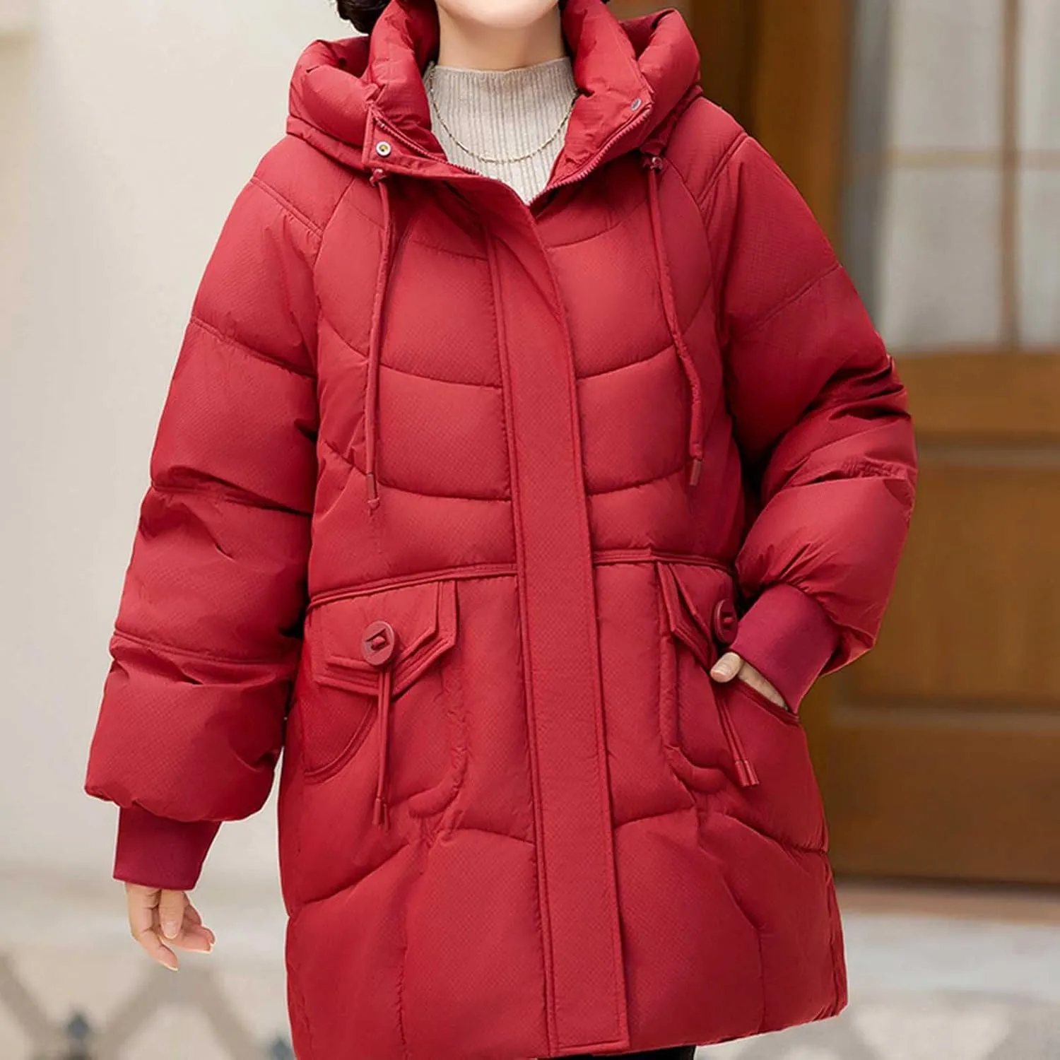Winter Full Zip Parka Down Jacket for Ladies Solid Color Warm Puffer Jackets Long Sleeve Detachable Hood Casual Coat