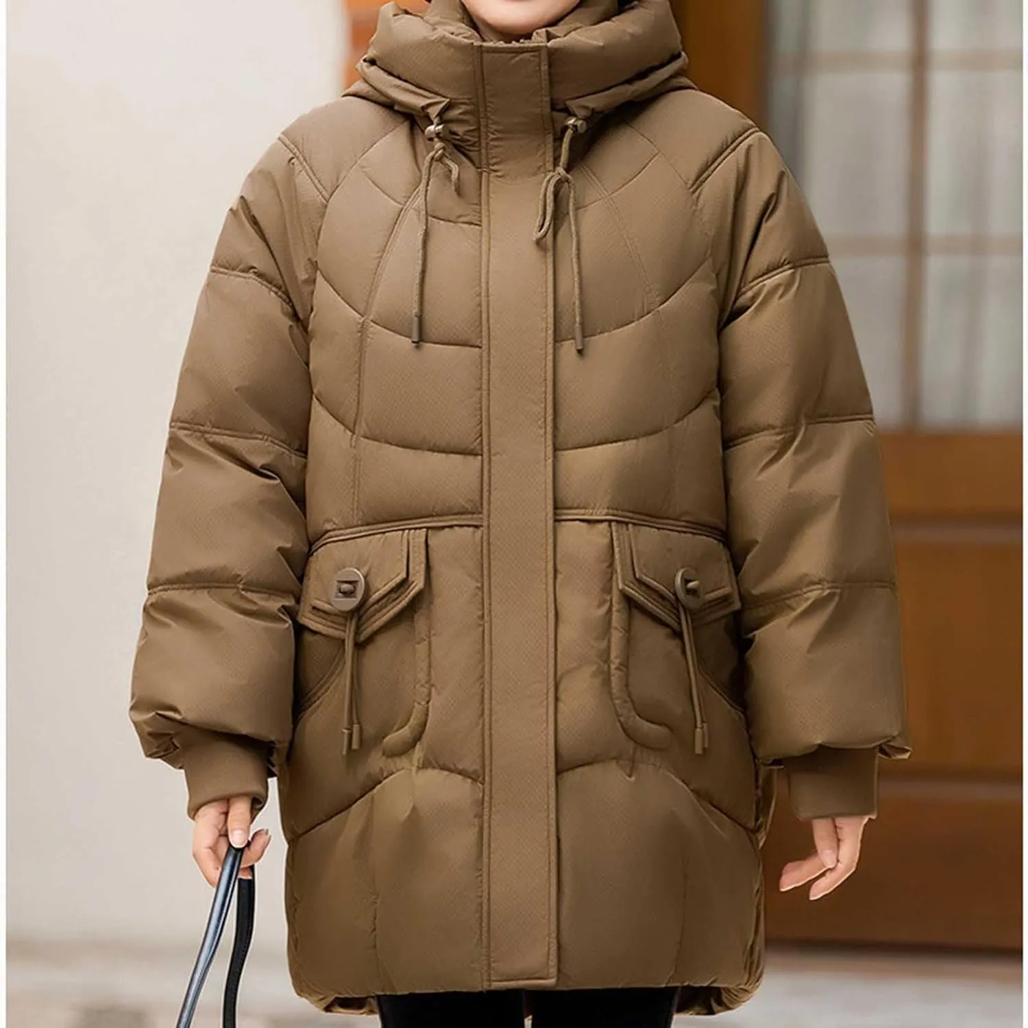Winter Full Zip Parka Down Jacket for Ladies Solid Color Warm Puffer Jackets Long Sleeve Detachable Hood Casual Coat