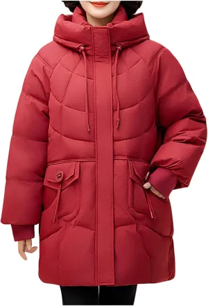 Winter Full Zip Parka Down Jacket for Ladies Solid Color Warm Puffer Jackets Long Sleeve Detachable Hood Casual Coat