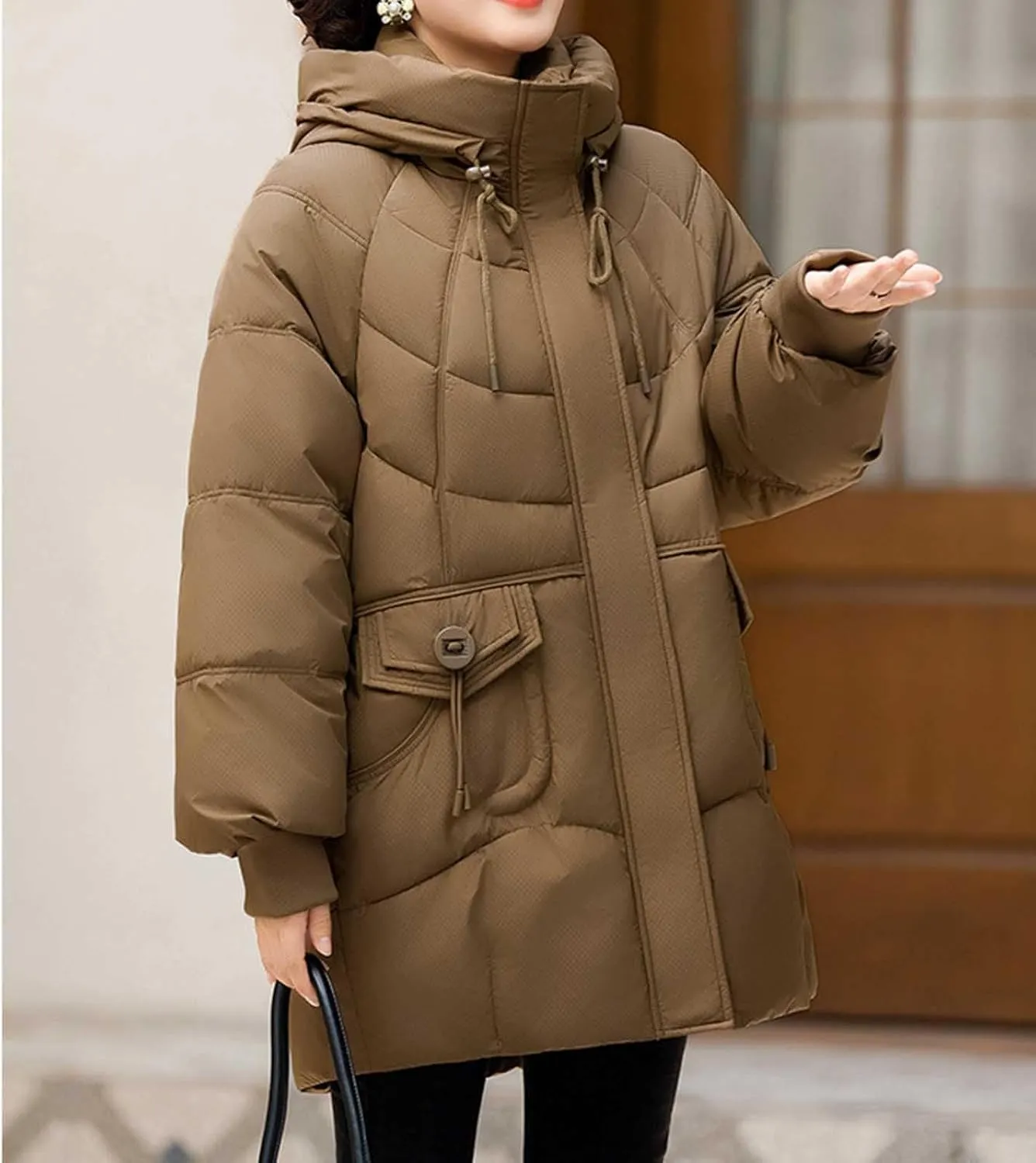 Winter Full Zip Parka Down Jacket for Ladies Solid Color Warm Puffer Jackets Long Sleeve Detachable Hood Casual Coat
