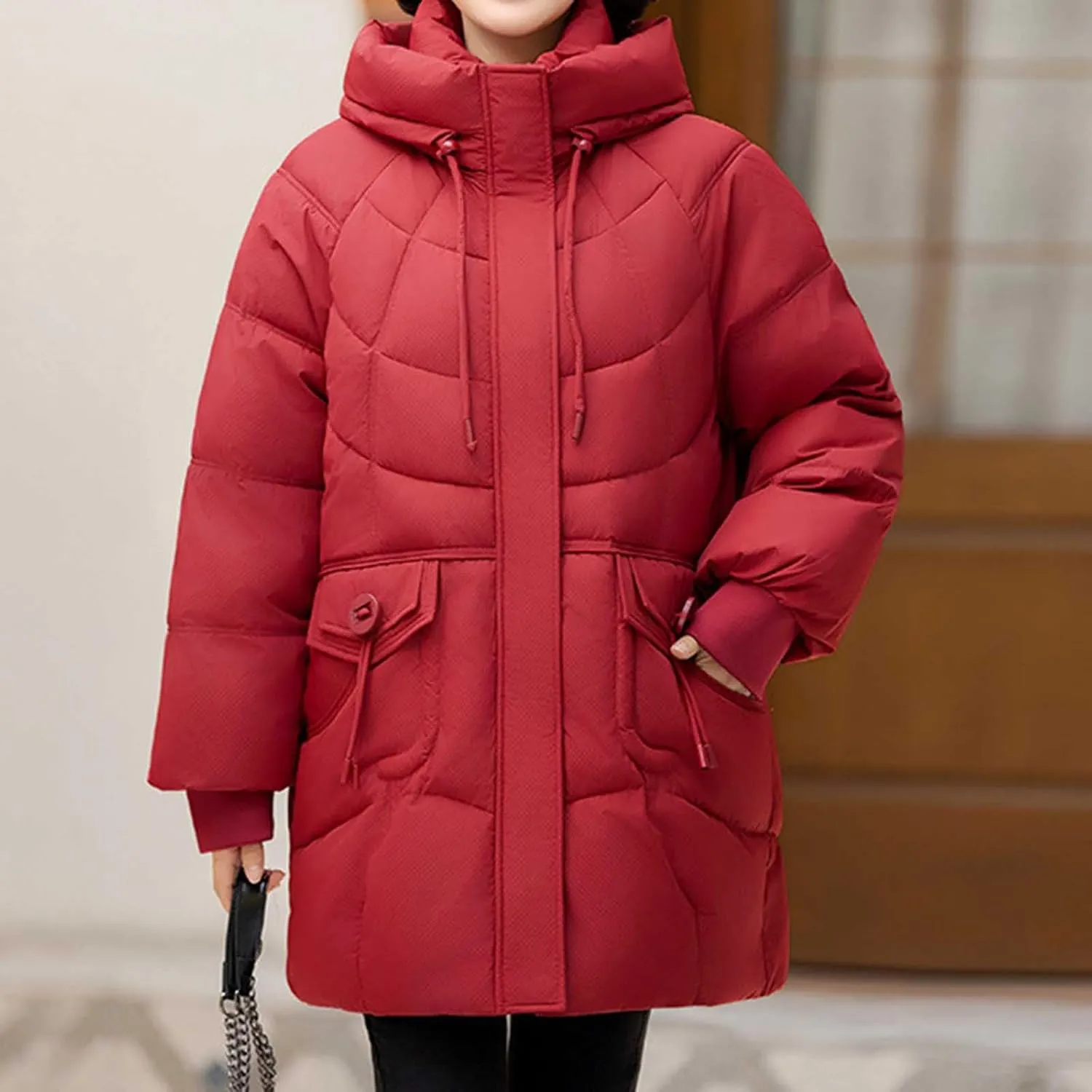 Winter Full Zip Parka Down Jacket for Ladies Solid Color Warm Puffer Jackets Long Sleeve Detachable Hood Casual Coat
