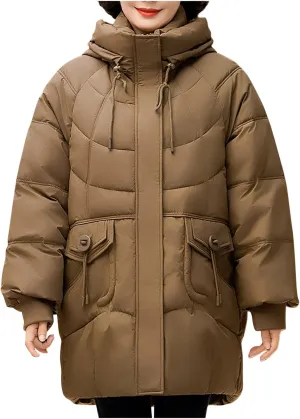 Winter Full Zip Parka Down Jacket for Ladies Solid Color Warm Puffer Jackets Long Sleeve Detachable Hood Casual Coat