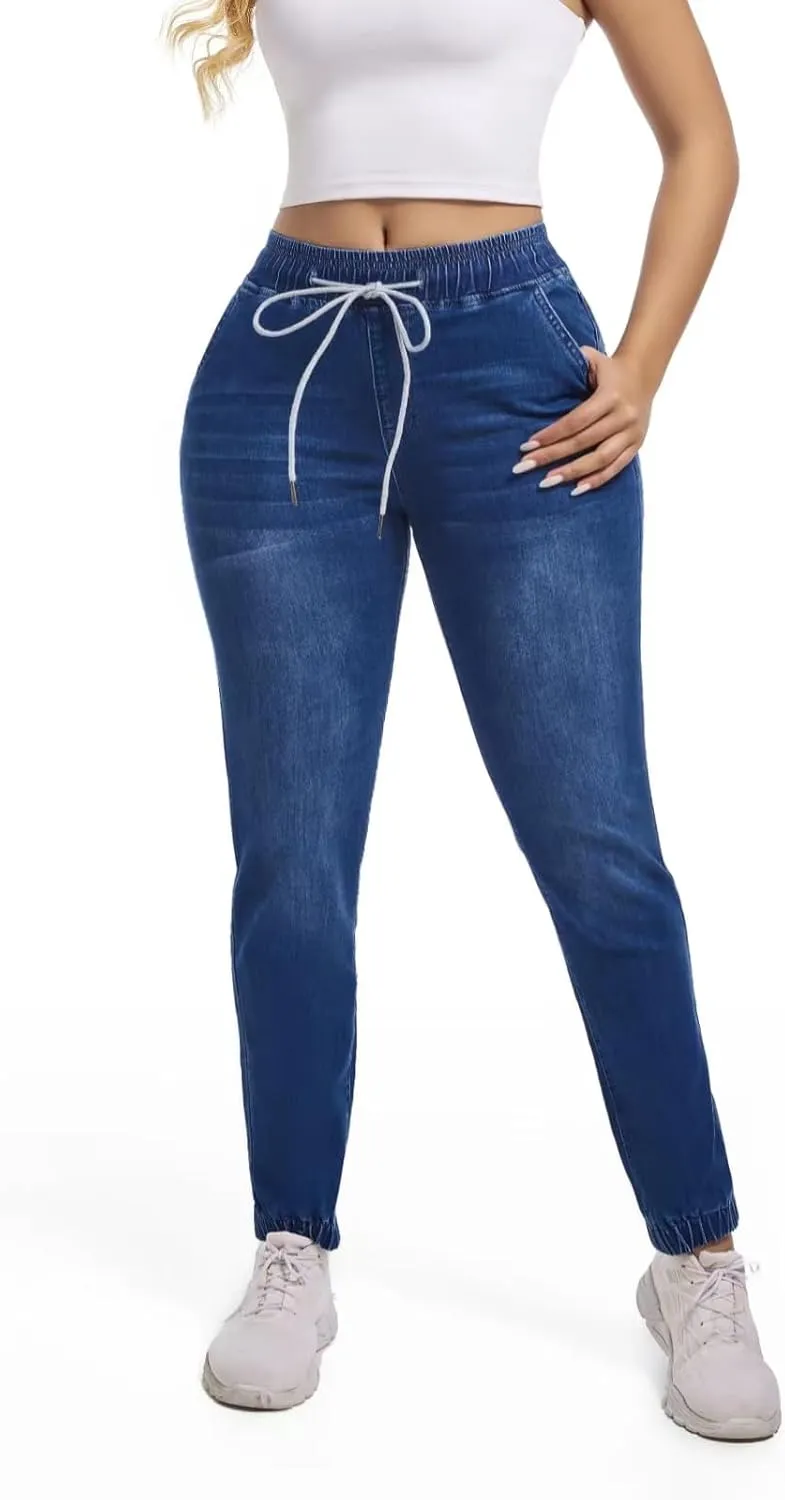 Woman's Jeans Elastic Waist High Rise Denim Jogger Jeans for Women with Drawstring Loose Denim Pants